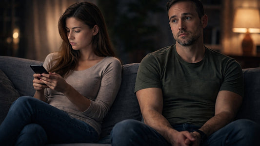 Ein Paar sitzt mit Abstand auf dem Sofa, während die Frau auf ihr Smartphone schaut und der Mann nachdenklich zur Seite blickt.