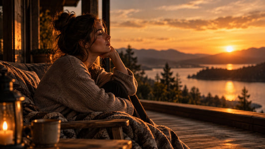 Nachdenkliche Frau sitzt ruhig auf einer Terrasse und blickt bei Sonnenuntergang über einen See.
